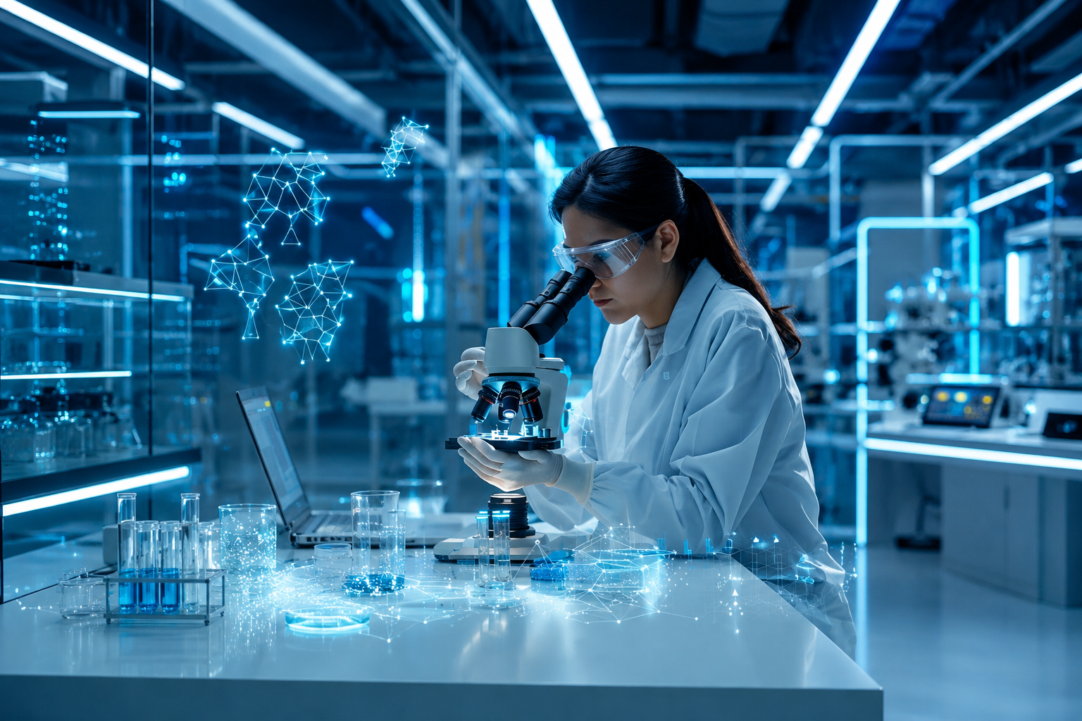 Scientist analyzing neural data networks and laboratory databases