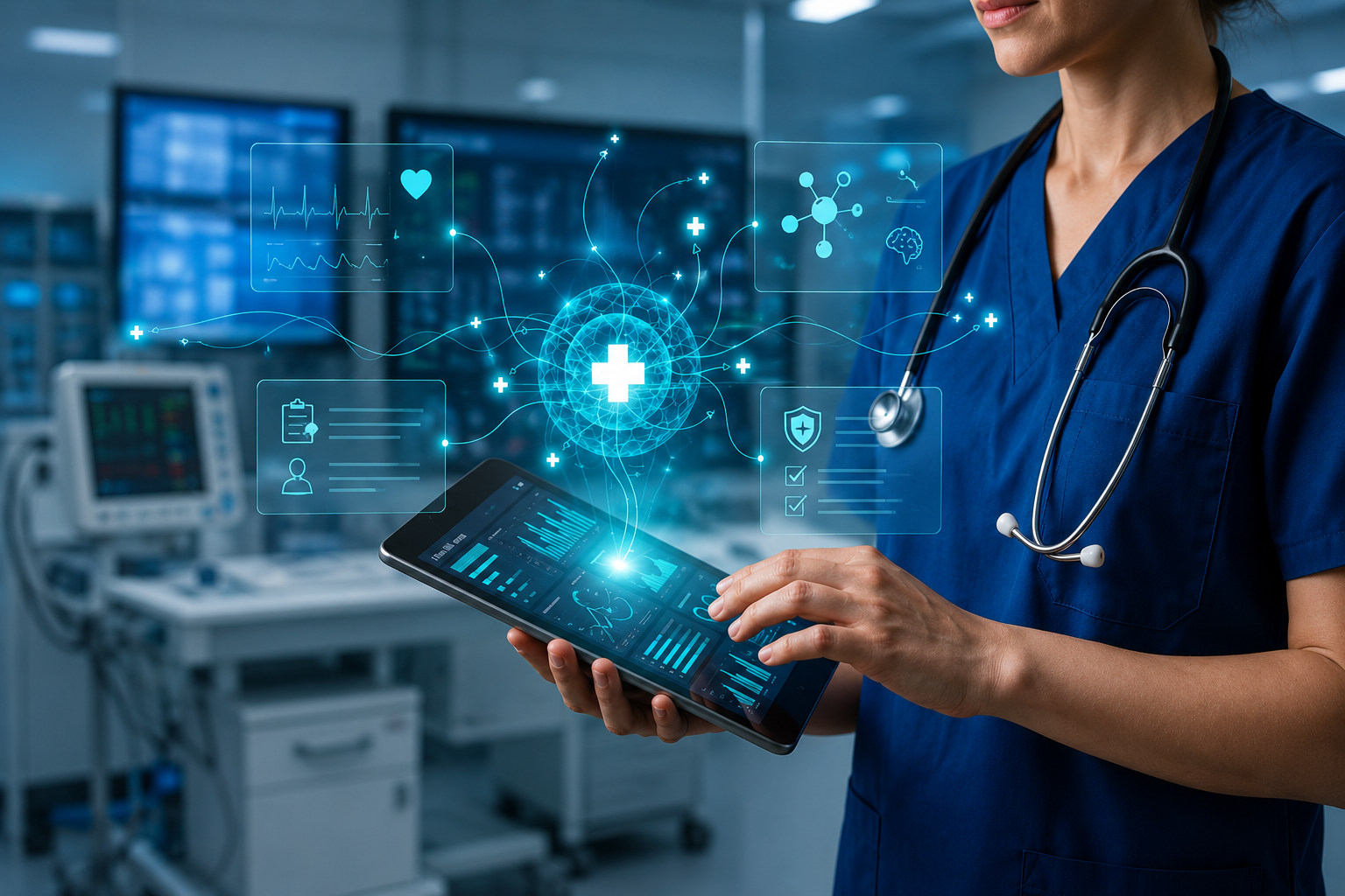 Clinician using healthcare application interface on tablet
