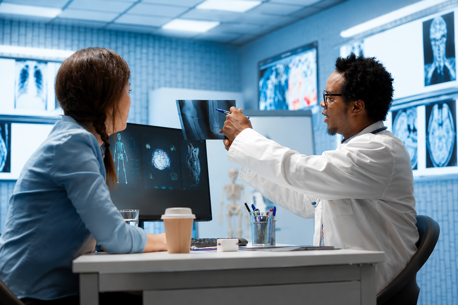 Enterprise healthcare specialists collaborating on digital diagnostics and modernization