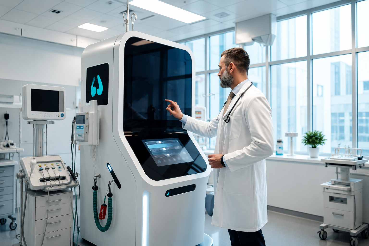 Physician working with connected medical system terminal and APIs