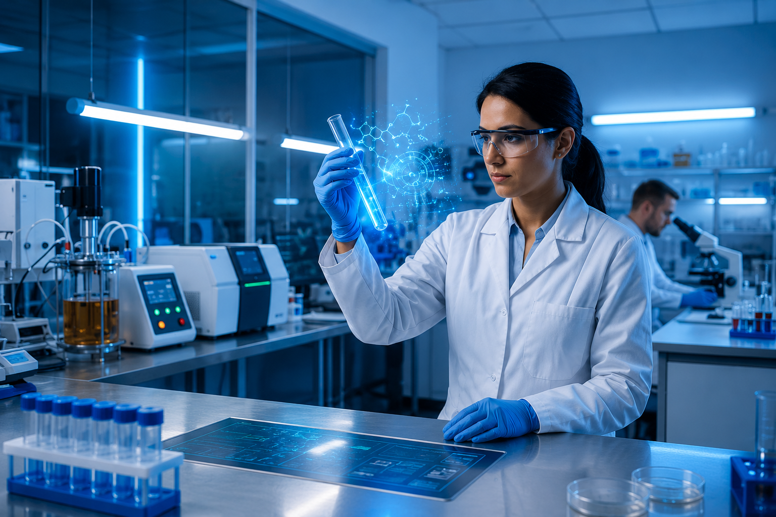 Cloud-connected laboratory researcher evaluating data analytics